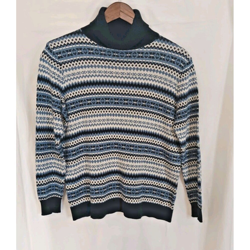 Liberty Lane Womens S Fair Isle Turtleneck Sweater Blue Ivory Cotton Blend